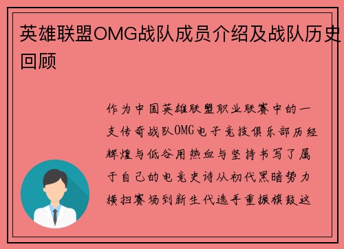 英雄联盟OMG战队成员介绍及战队历史回顾