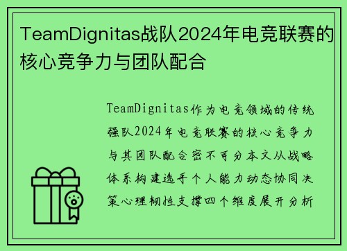 TeamDignitas战队2024年电竞联赛的核心竞争力与团队配合