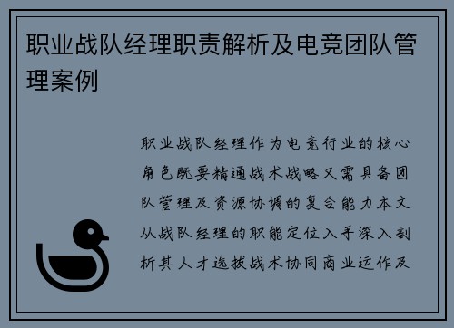 职业战队经理职责解析及电竞团队管理案例
